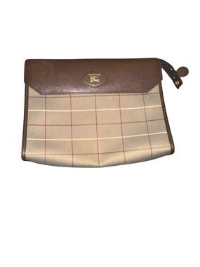 Burberry Beige Check Canvas and Brown Leather Toiletry Pouch